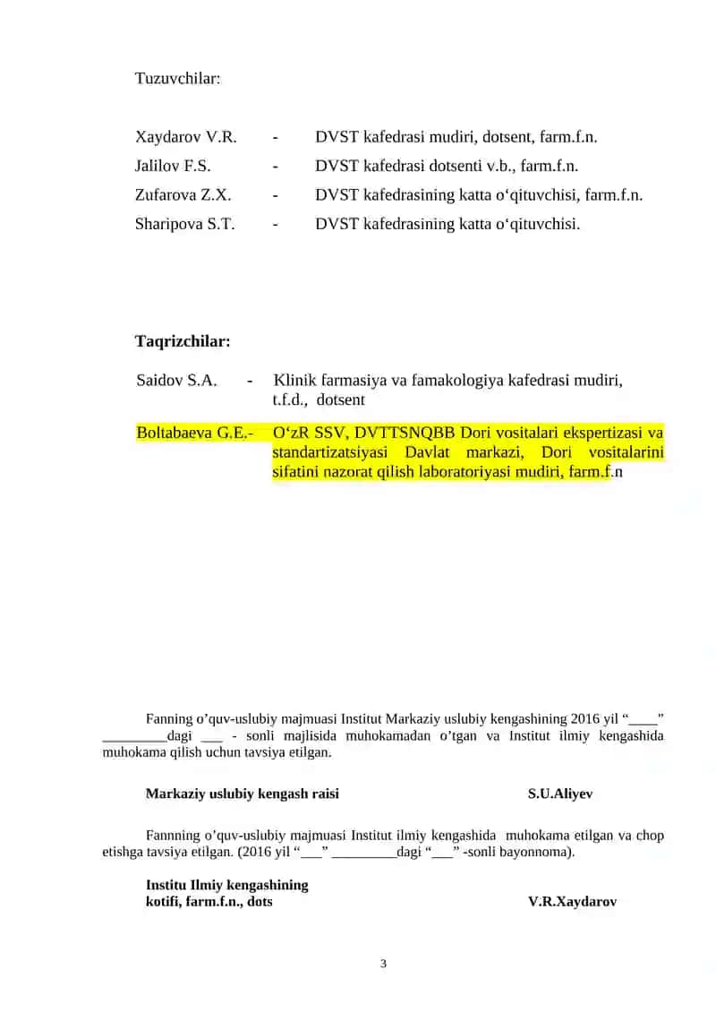 Sanoat farmatsiyasi, Biotexnologiya, Metrologiya, standartlashtirish va mahsulot sifati menejmenti 3