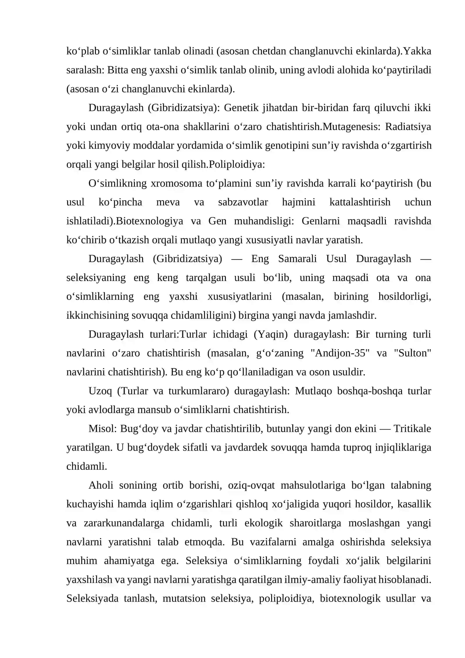 YANGI NAVLARNI YARATISHDA SELEKSIYA USULLARI. DURAGAYLASH 3