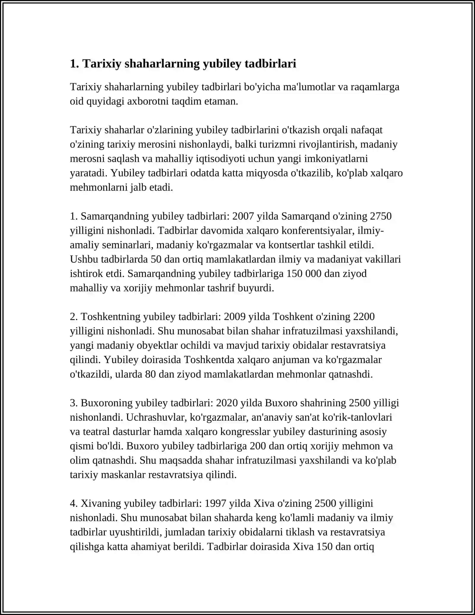 TARIXIY SHAHARLARNING YUBILEYLARINI XALQARO MIQYOSDA NISHONLANISH 3