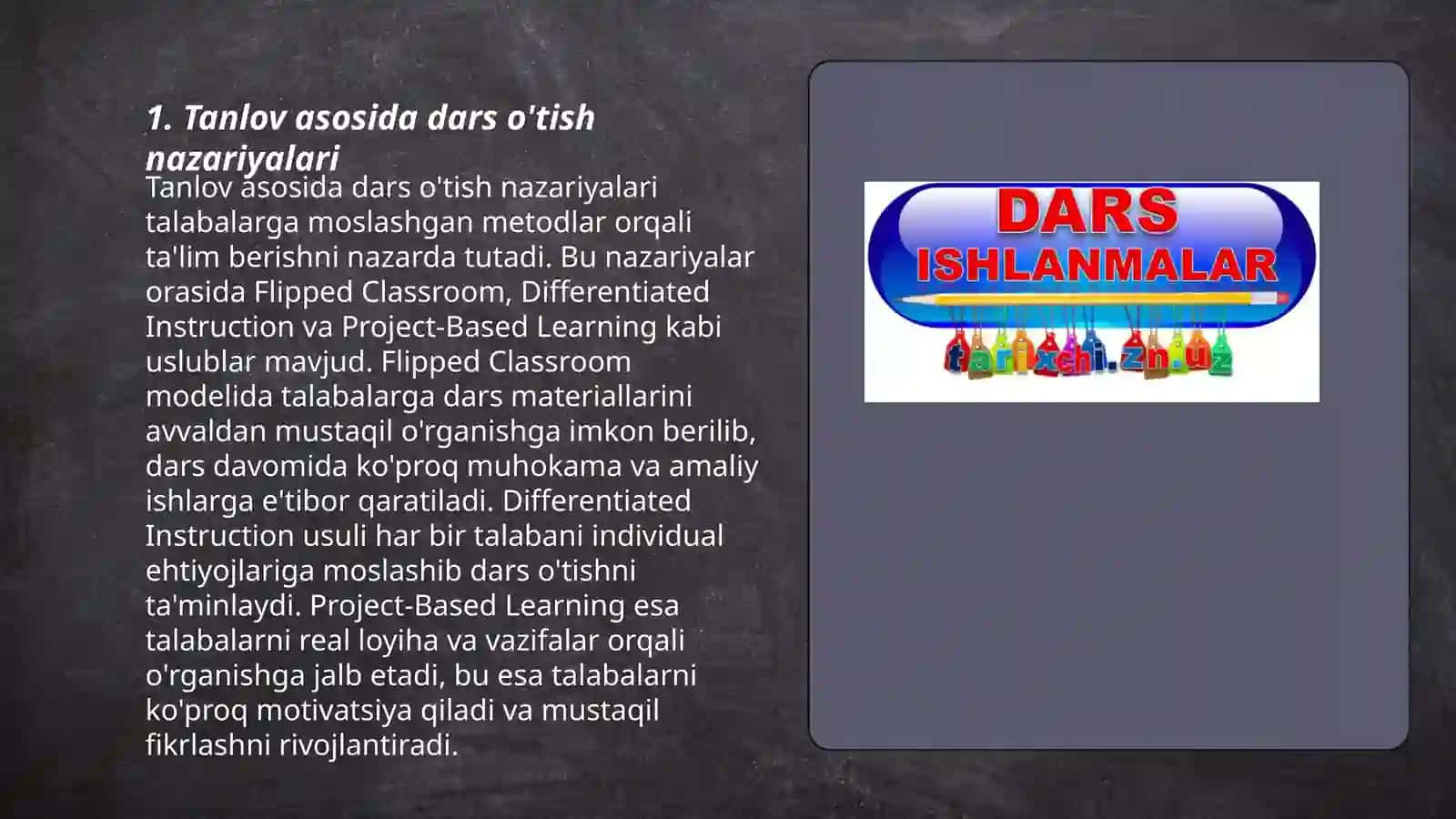 Tanlov asosida dars o'tish nazariyalari 3
