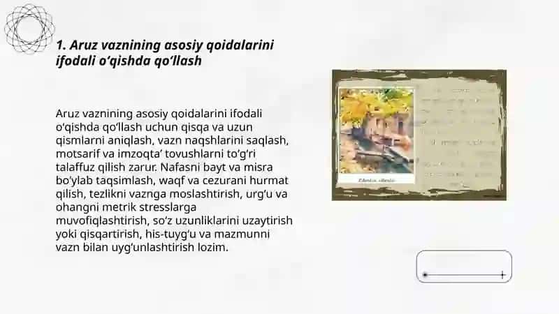 Aruz vaznidagi lirik asarlarni ifodali oʻqish. 3