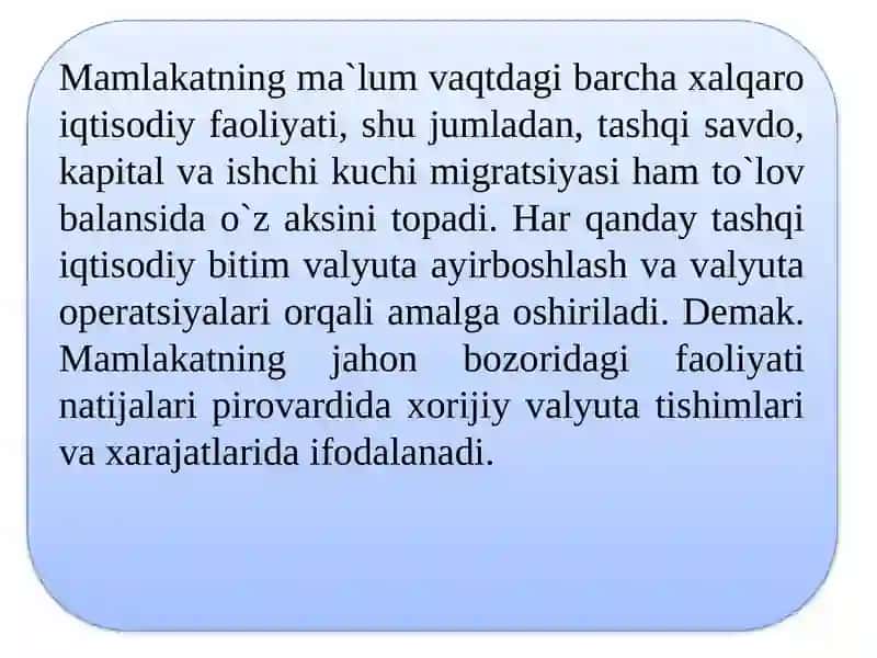TO`LOV BALANSI. VALYUTA KURSI 3