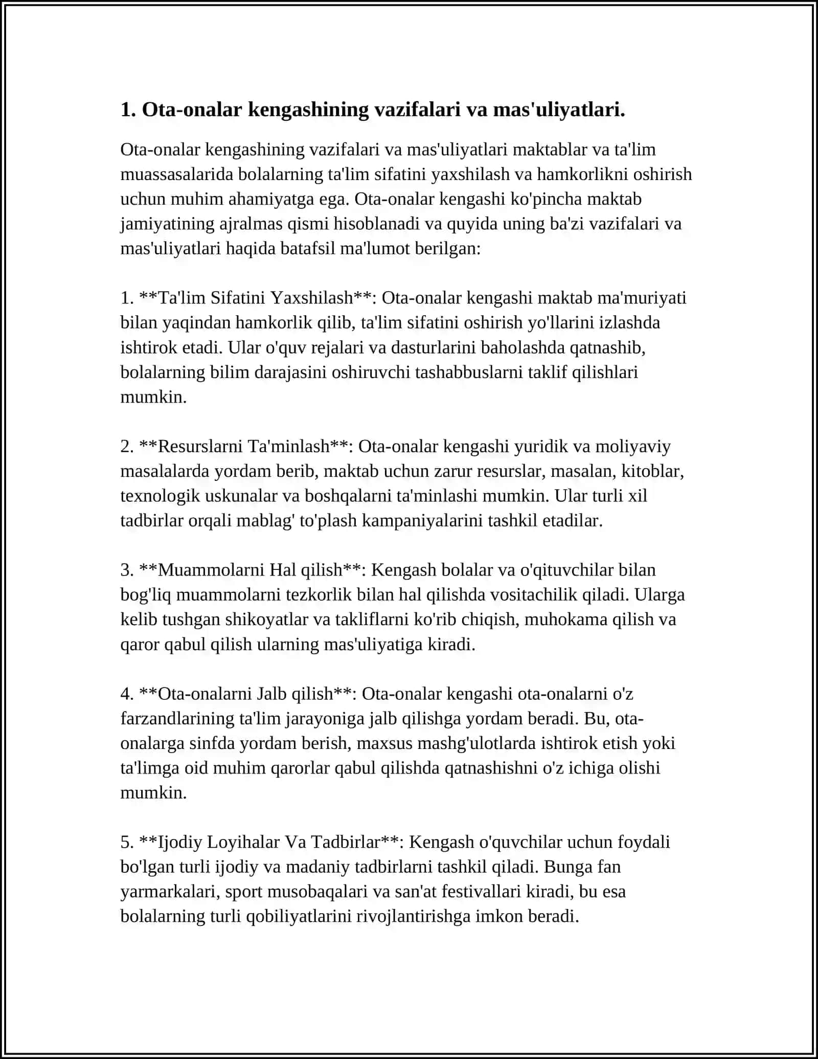Ota-onalar kengashining vazifalari va mas'uliyatlari 3