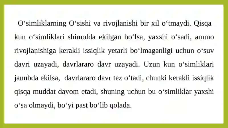 O`simlikning o`sishi, rivojlanishi, xosili va uning sifatiga ta`sir qiladigan omillar 3
