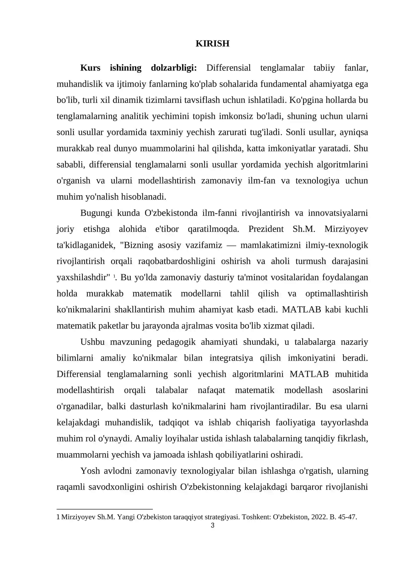 MATLAB MUHITIDA DIFFERENSIAL TENGLAMALARNI SONLI YECHISH ALGORITMLARINI MODELLASHTIRISH 3