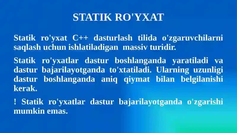 Statik va dinamik ro'yxat, massiv tushunchasi. Ro'yxat metodlari. 3