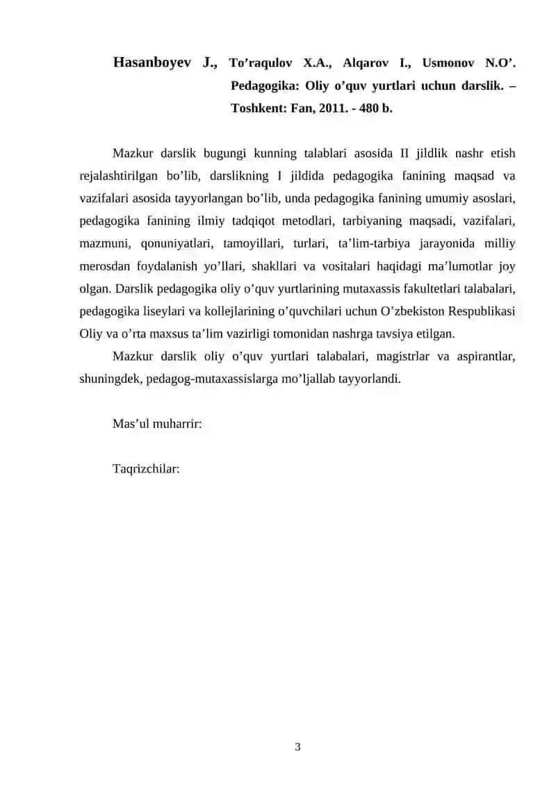Pedagogika: Oliy o’quv yurtlari uchun darslik 3