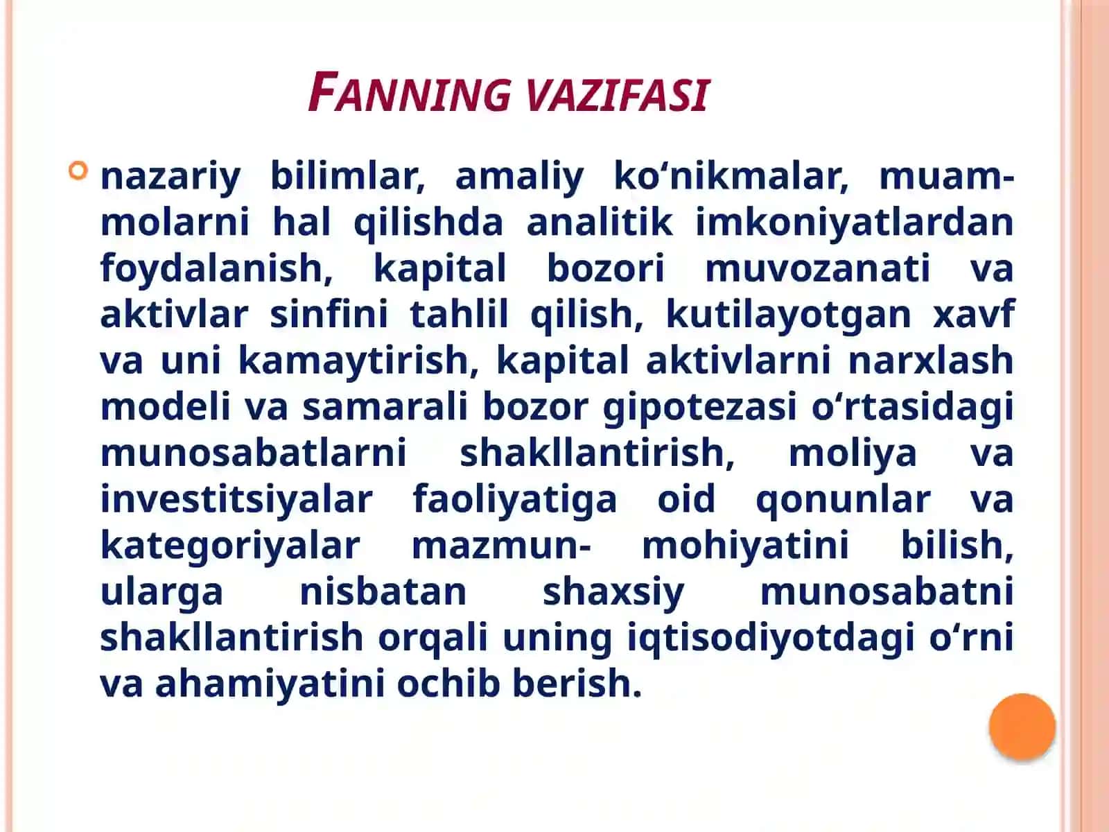 Moliya asoslari fanining maqsadi, vazifalari va tarkibiy tuzilishi 3