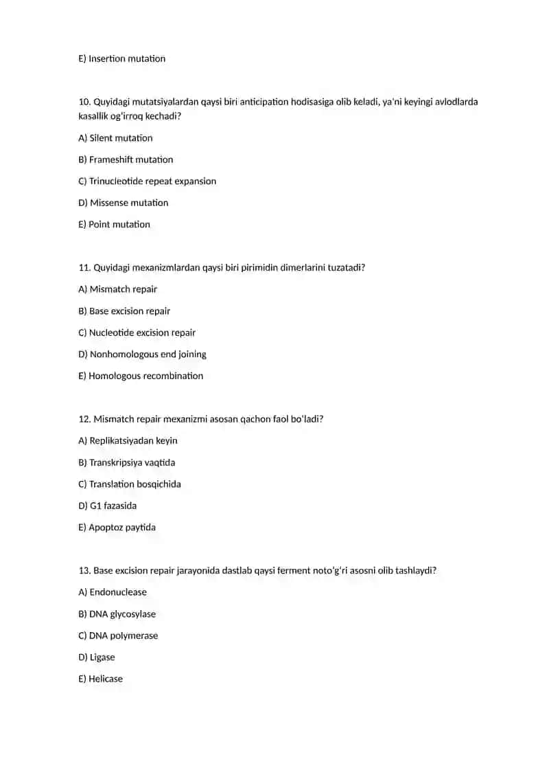 Test Hujayra biologiyasi (Cell Biology). 3