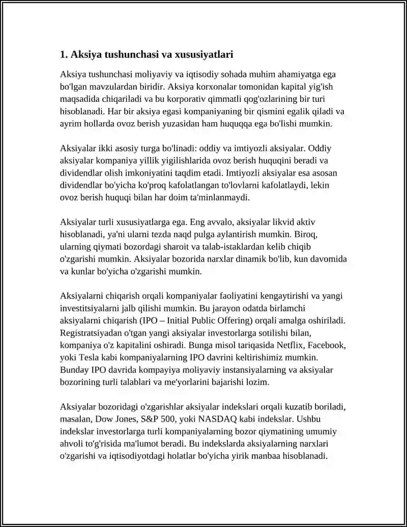 AKSIYA, UNING TURLARI, DIVIDENDLAR 3