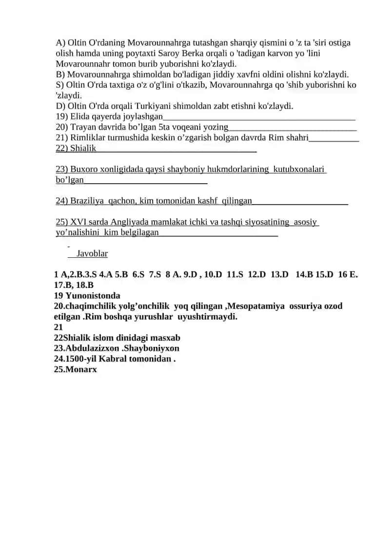 8-sinf Tarix I chorak yakuni bo’yicha test( I variant) 3