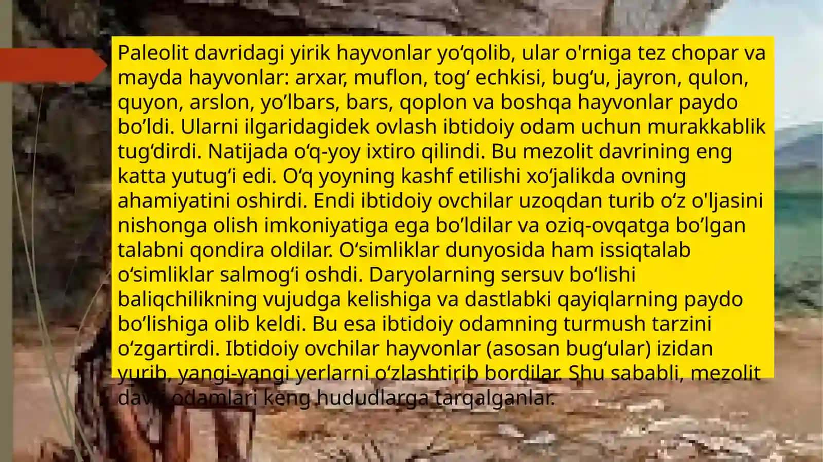 Qadimgi dunyoning turli hududlarida ishlab chiqarishning rivojlanish darajasini taqqoslash(mezolit, neolit, eneolit, bronza, ilk temir davri) 3