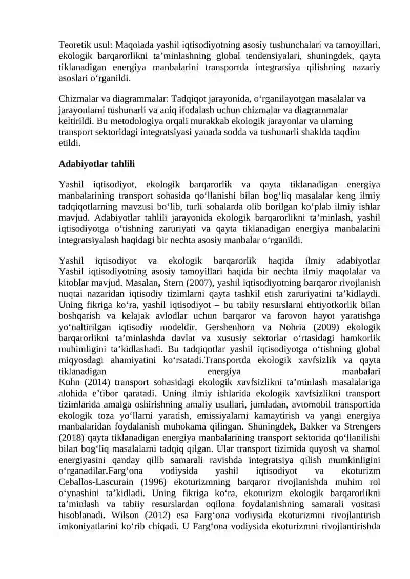 MARKAZIY OSIYO DAVLATLARIDA YASHIL IQTISODIYOT VA EKOLOGIK BARQARORLIKKA O‘TISH: AVTOMOBIL TRANSPORTI ORQALI YUKLARNI OLIB O‘TISH JARAYONIDA EKOLOGIK XAVFSIZLIKNI TA'MINLASH 3