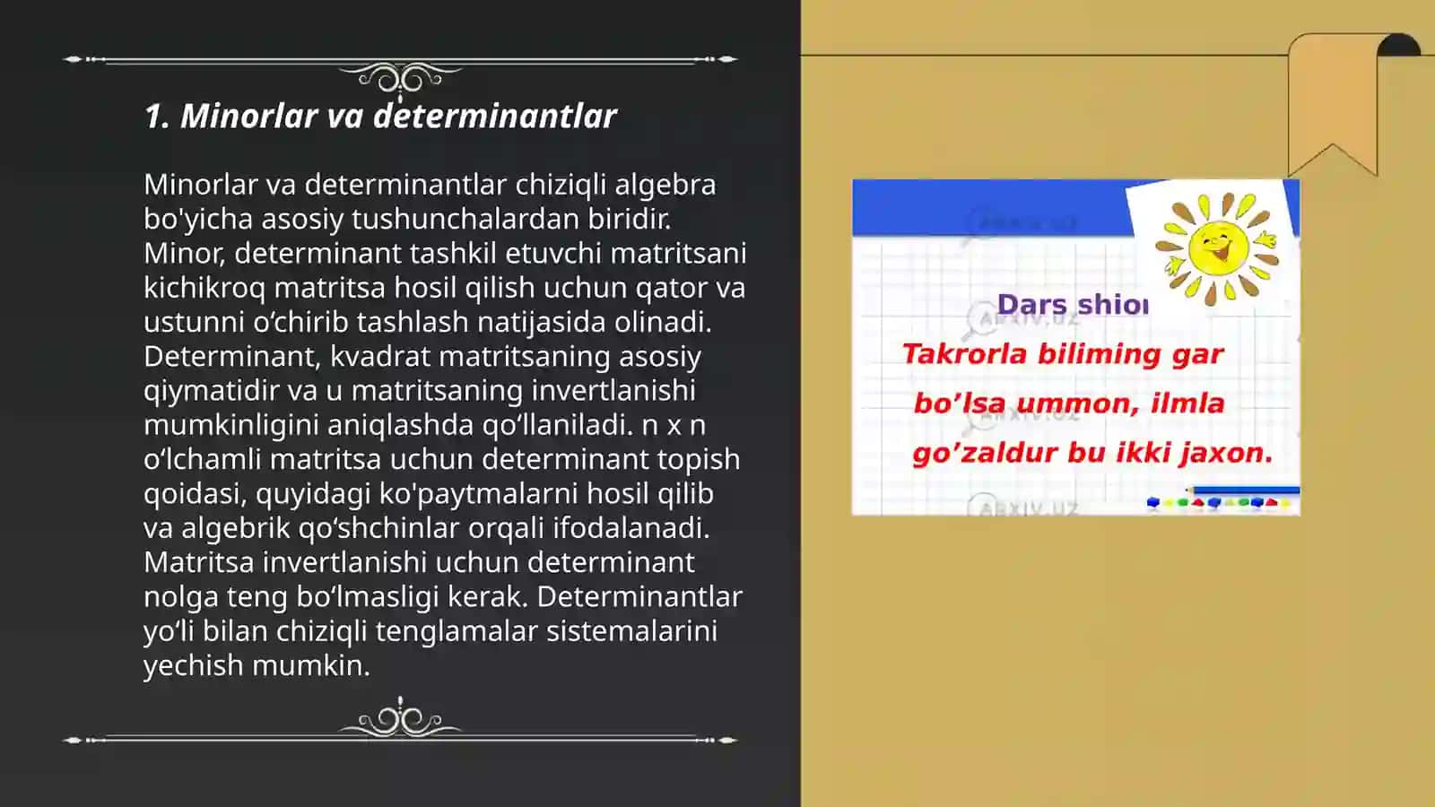 Minorlar va algebraik to'ldiruvchilar 3