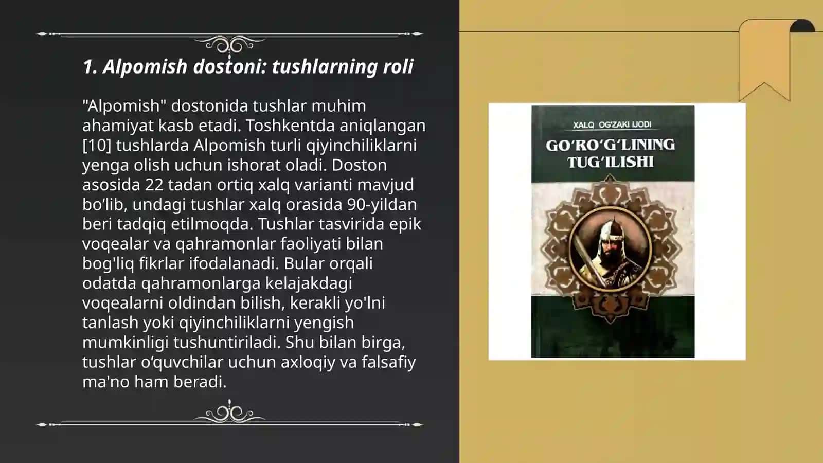 Alpomish va Go‘ro‘g‘li dostonidagi tushlarni tahlil qiling 3