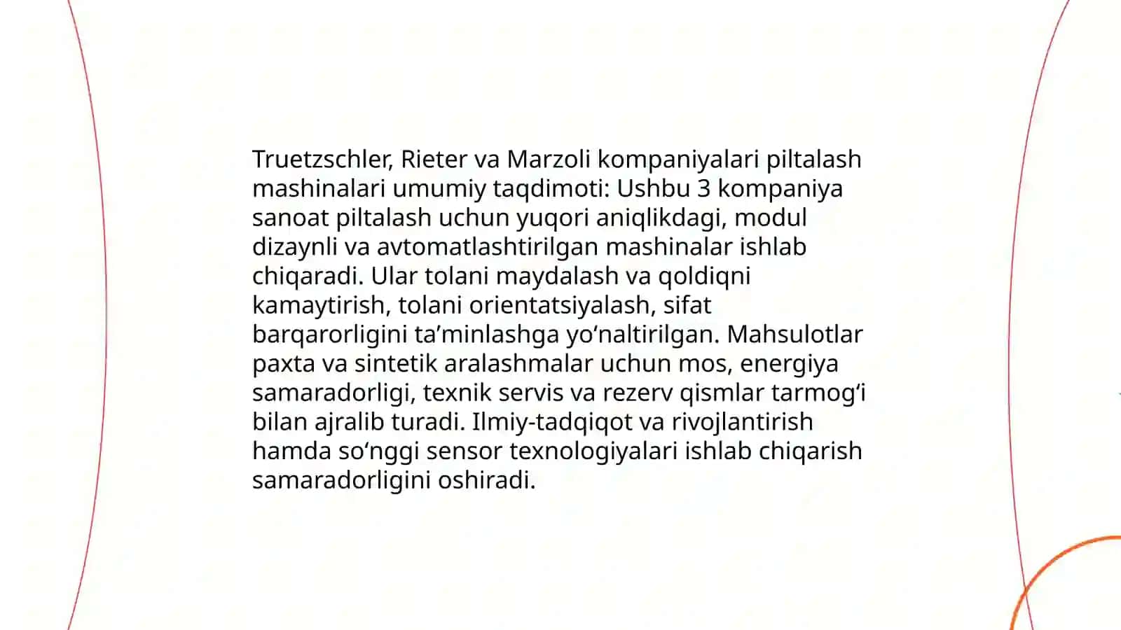 Truetzschler, Rieter va Marsoli kompaniyalarining piltalash mashinalari umumiy taqdimoti 3