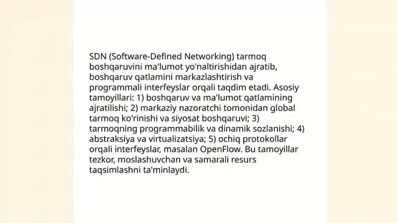 SDN (Software-Defined Networking) tushunchasi va OpenFlow protokoli: An'anaviy tarmoqlardan farqi va zamonaviy ma'lumot markazlarida qo'llanilishi 3
