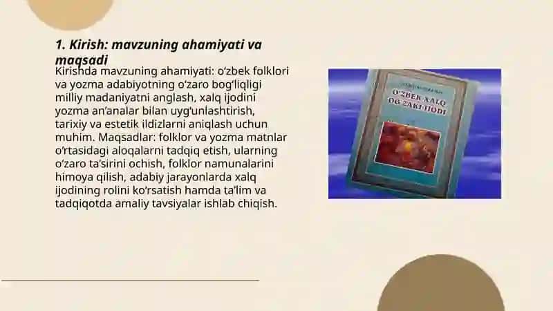 O'zbek folklori va yozma adabiyot hamkorligi haqida slayd 3