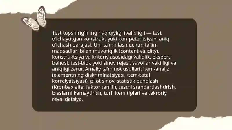 Test topshirig'ining tarkibi, mazmuni va samaradorligiga qo'yiladigan talablar 3
