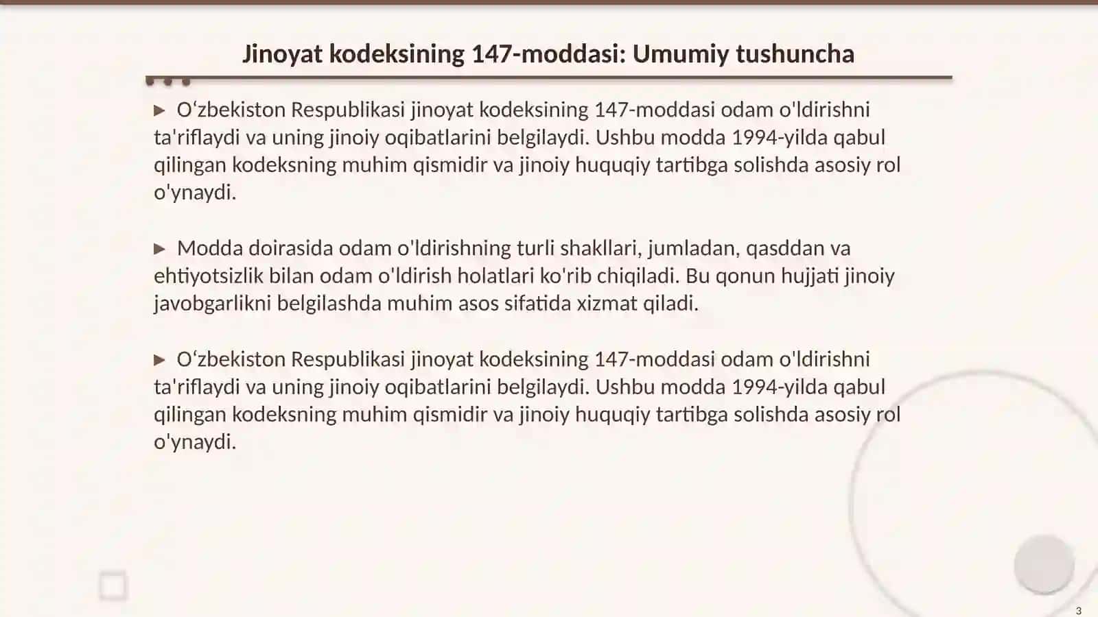 Oʻzbekiston Respublikasi jinoyat kodeksining 147- moddasi 3