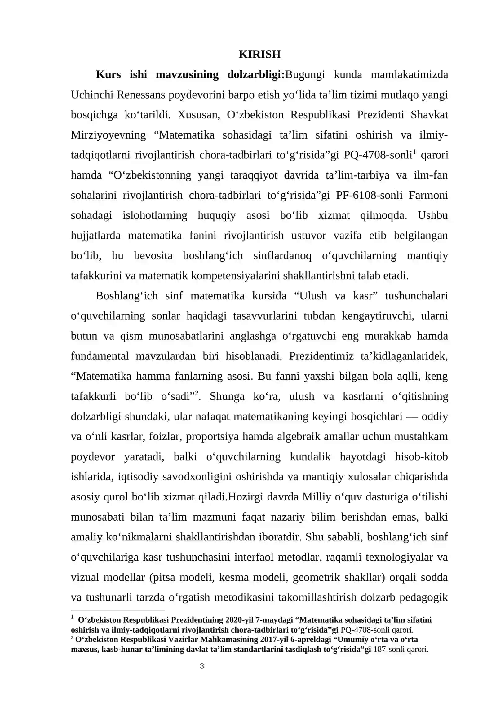 Ulush va kasr tushunchasini o’rgatish metodikasi kurs ishi 3