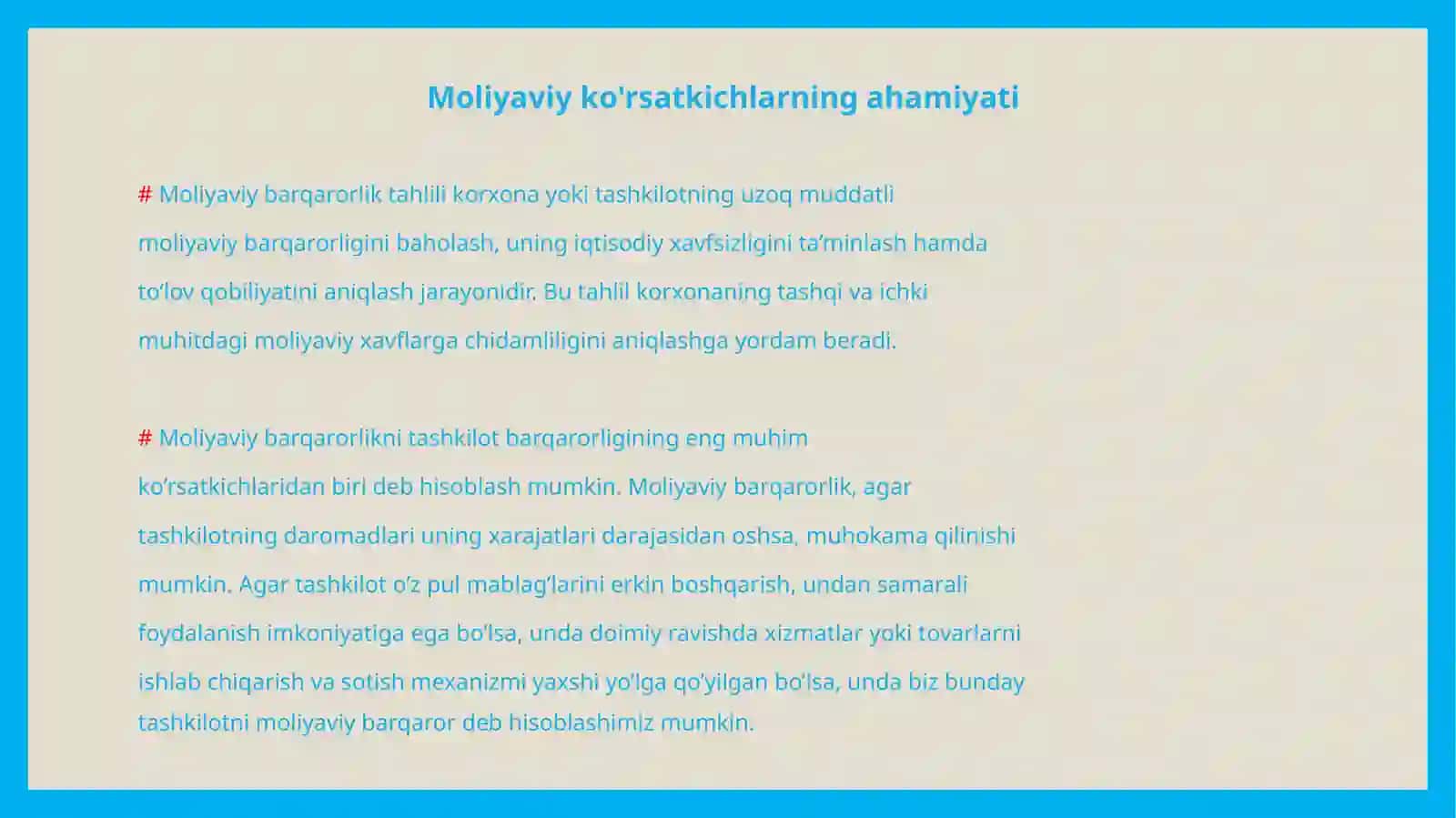 Moliyaviy barqarorlik. Moliyaviy ko’rsatkichlar 3