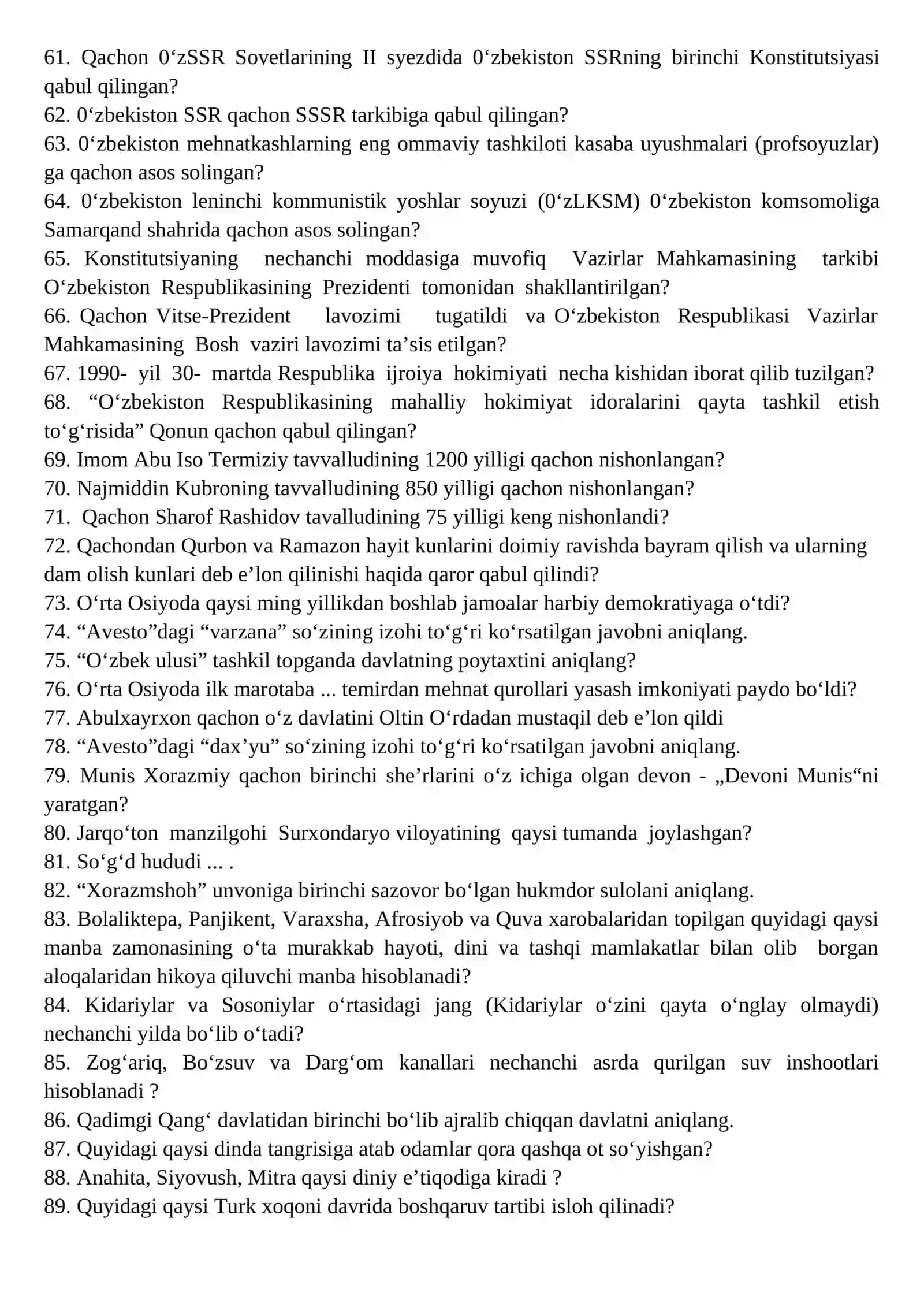 O‘ZBEKISTON TARIX FANIDAN O‘TKAZILADIGAN YaKUNIY DAVLAT ATTESTATSIYaSI SAVOLLAR 3