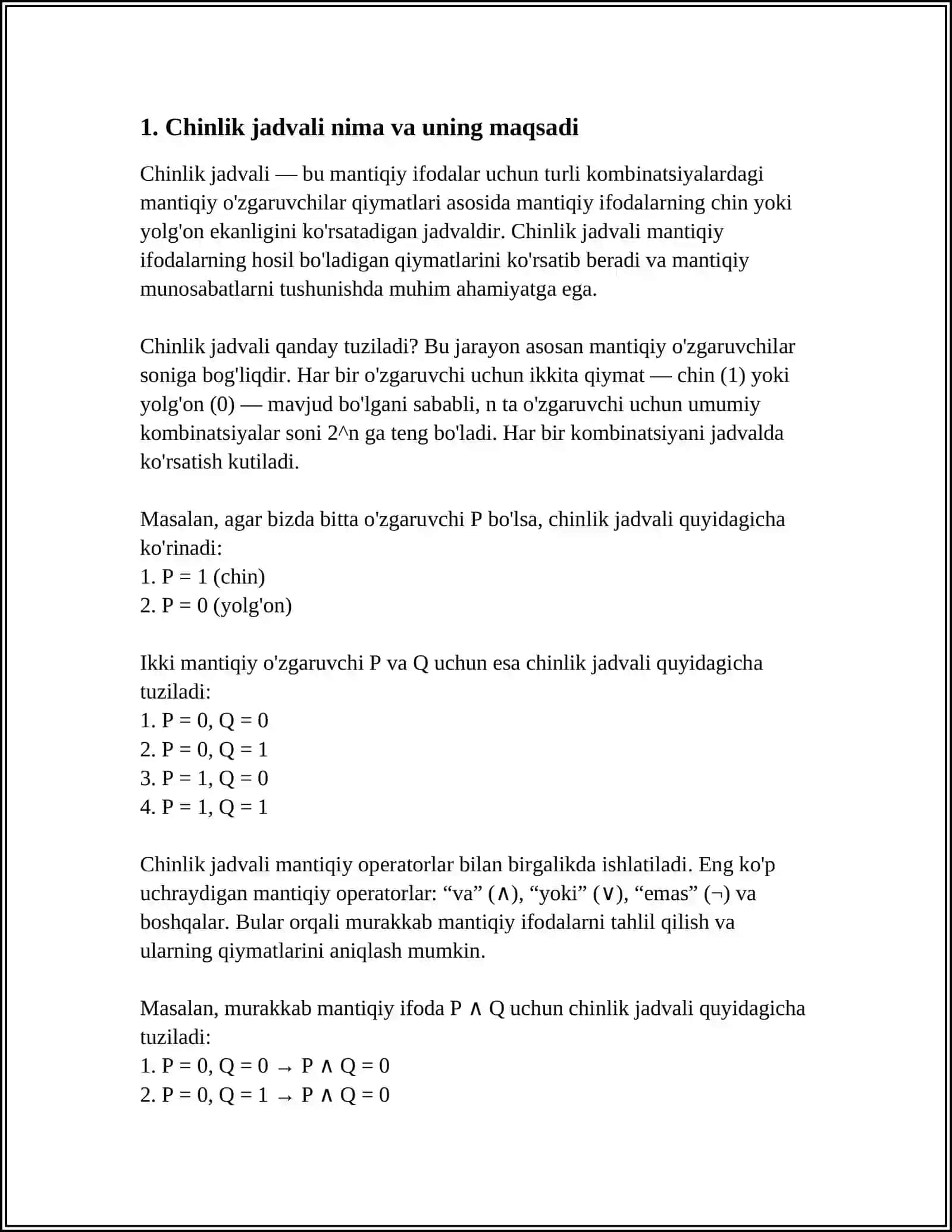 Chinlik jadvali tuzish 3