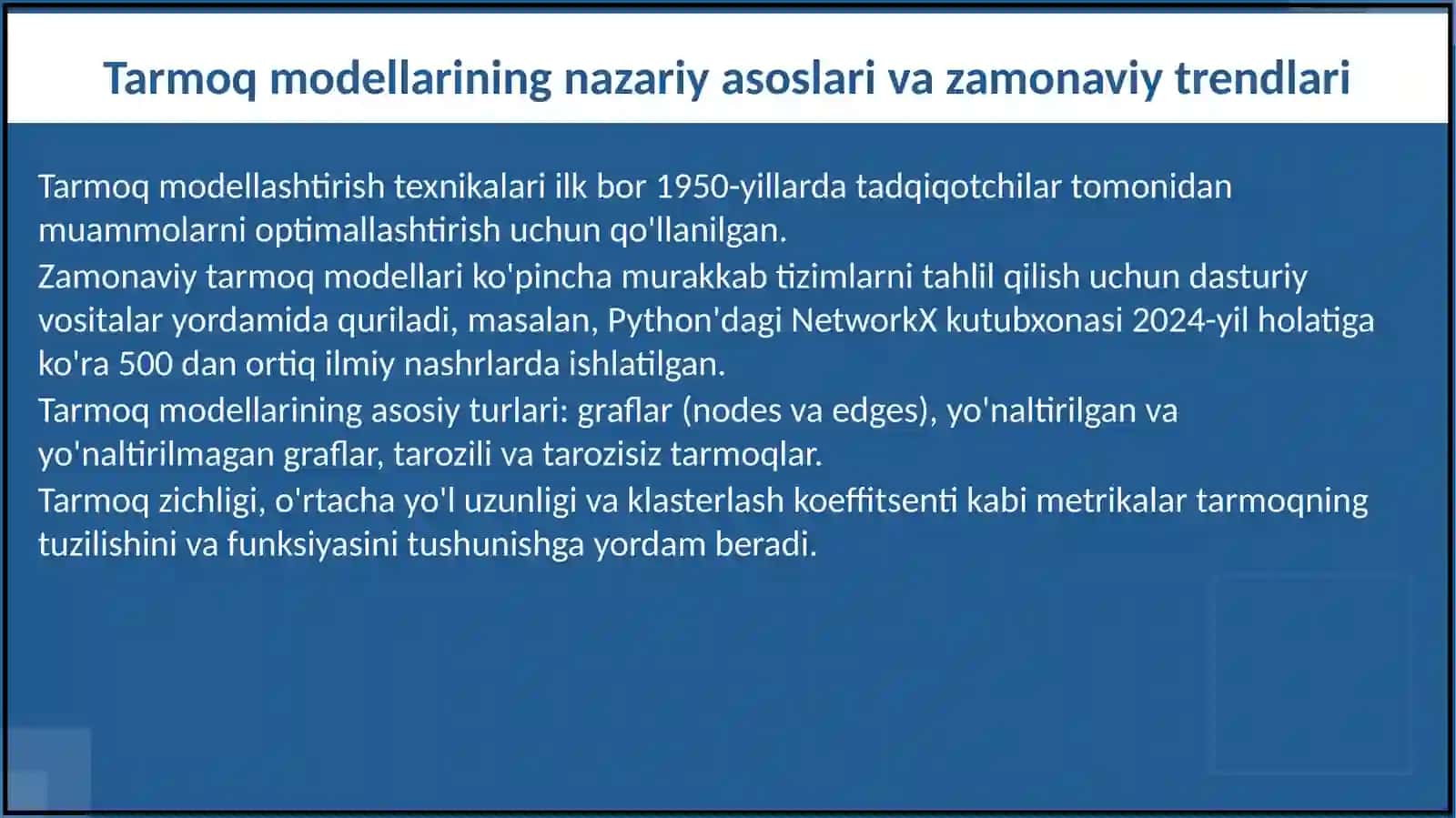 TARMOQ MODELLARI. LOYIHA JADVALI 3