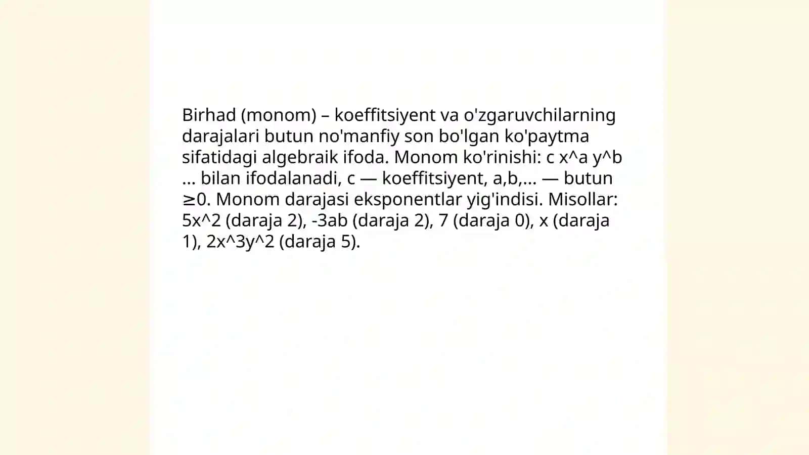Matematikada birhadlar va koʻphadlar 3