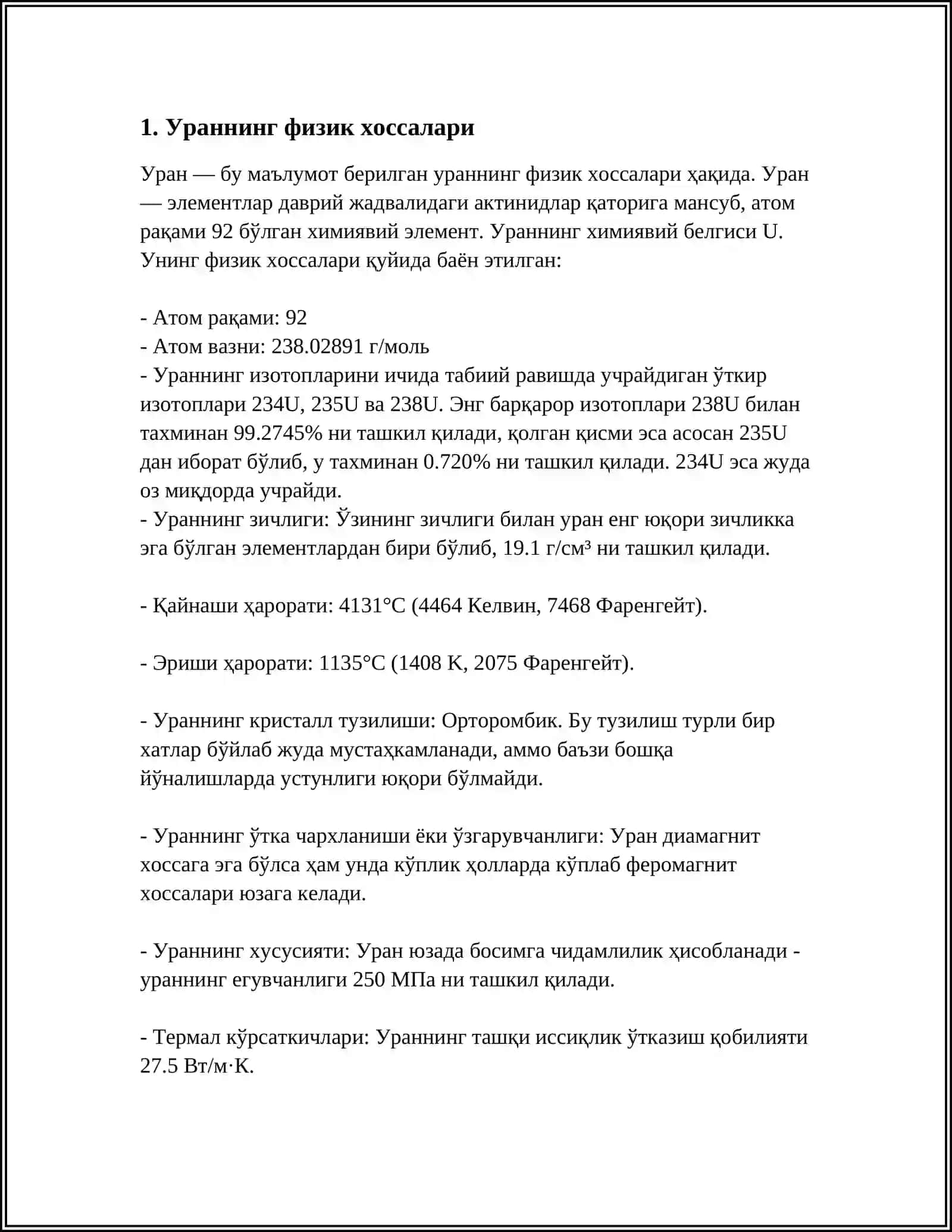 УРАННИНГ ФИЗИК-КИМЁВИЙ ХОССАЛАРИ 3