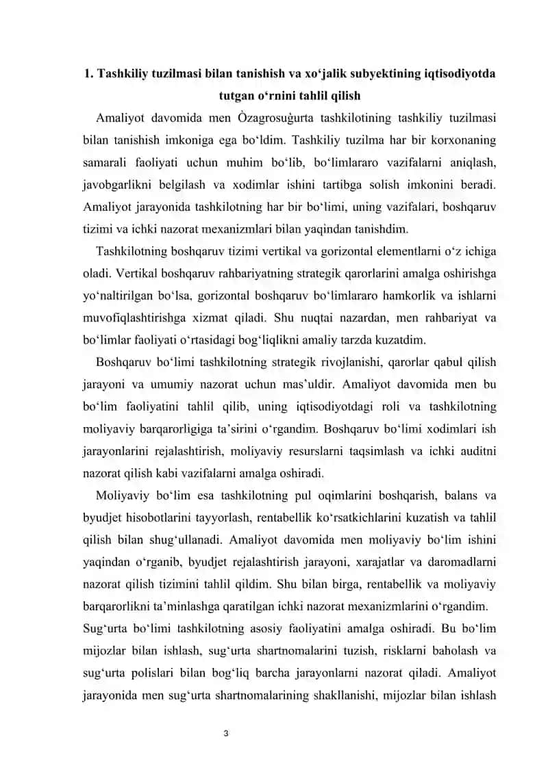 O'zagrosug'urta  amaliyot hisobot    MALAKAVIY AMALIYOT HISOBOTI O'zagrosug'urta 3