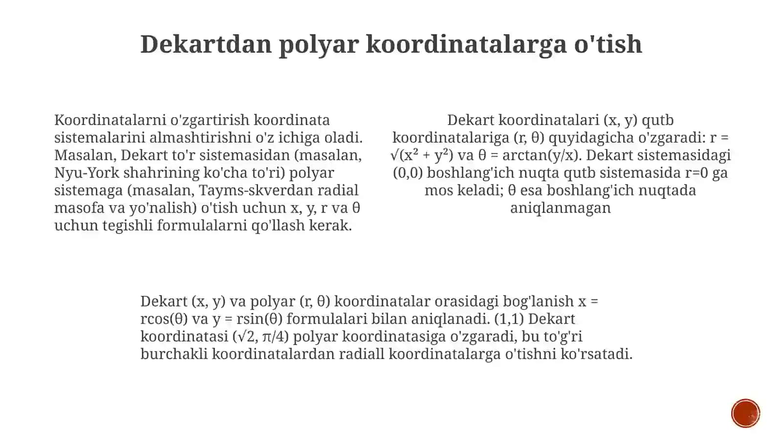 Dekart va qutb koordinatalari orqasidagi bogʻlanish. Kordinatalarni almashtirish 3