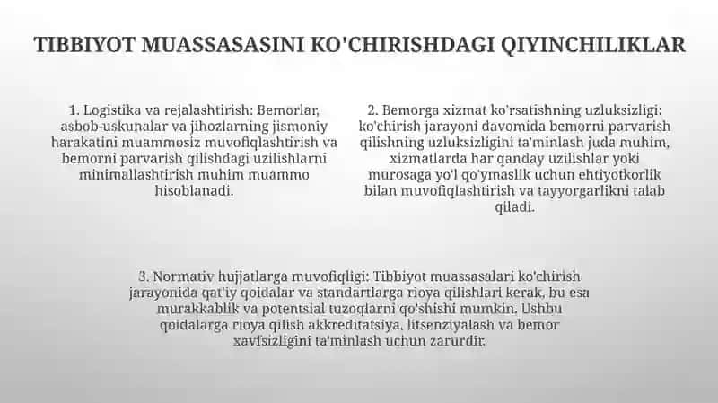 Tibbiy Muassasalarni Kõchirish 3