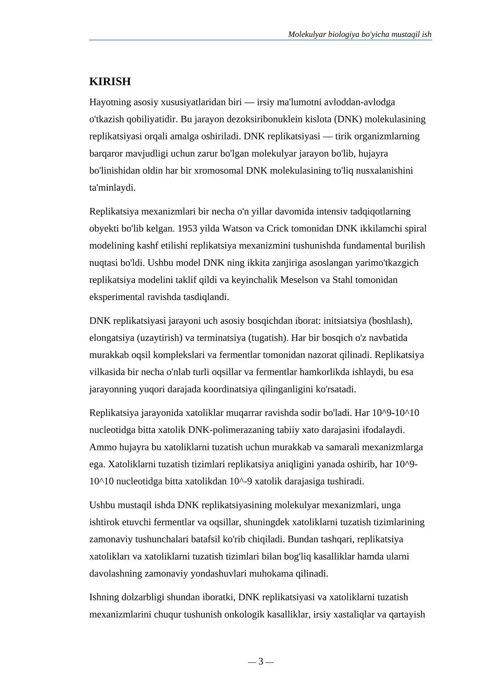 Molekulyar biologiya bo'yicha mustaqil ish 3