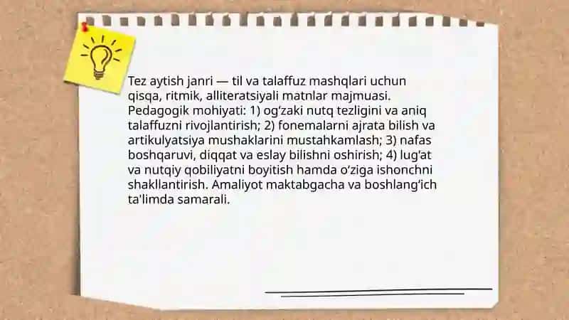 Tez aytish janrining bolalar nutqini o'stirishdagi ahamiyati 3