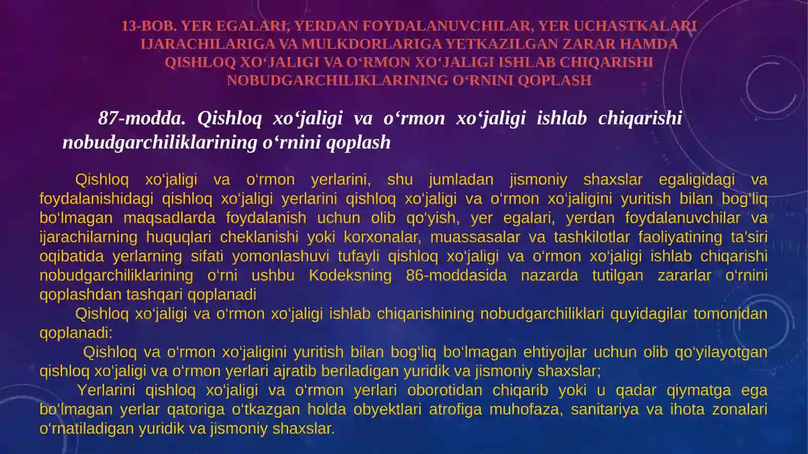 O’zbekiston respublikasi Yer kodeksining 87-90 moddalarini o’rganish 3