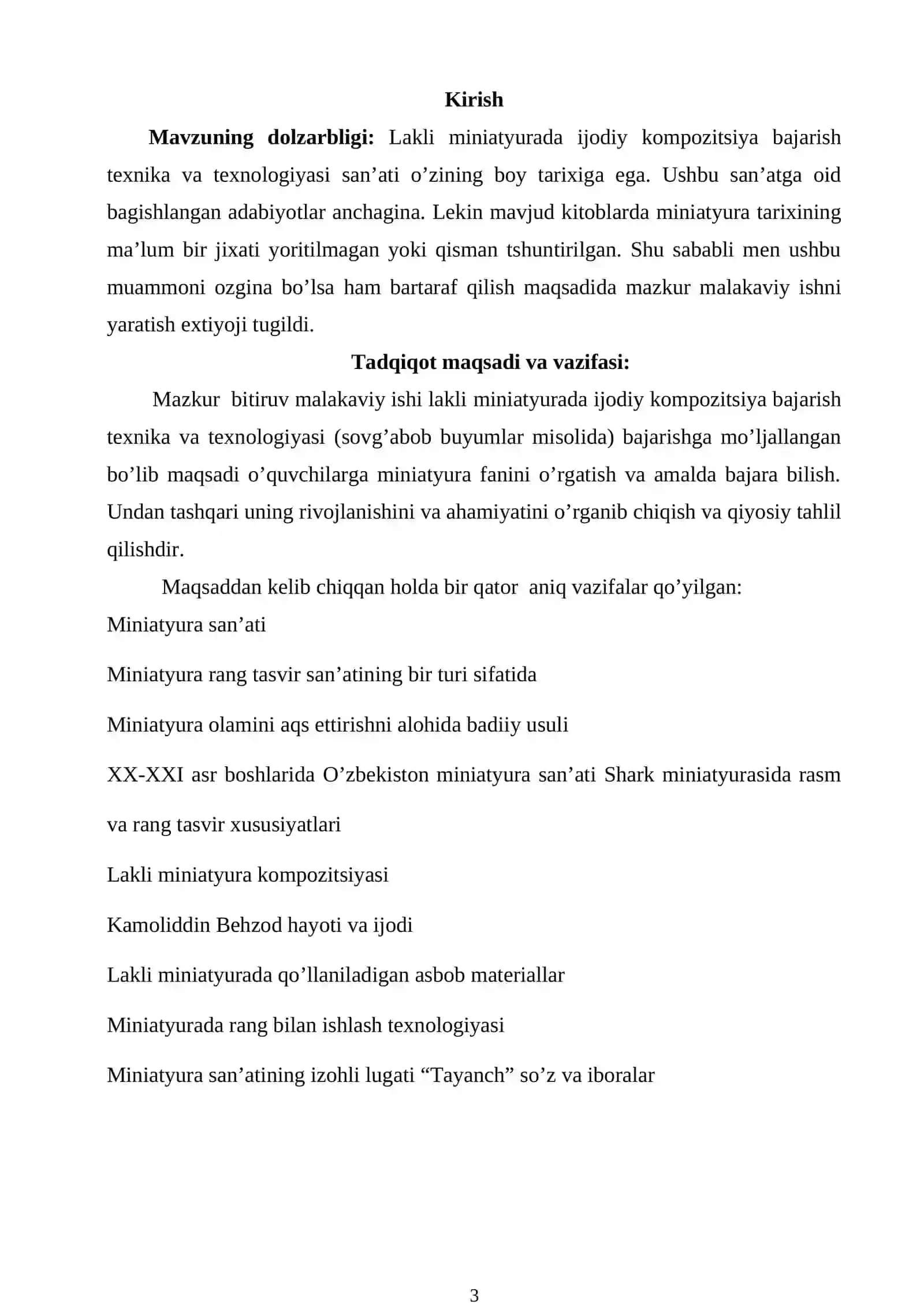 Lakli miniatyurada ijodiy kompozitsiya bajarish texnika va texnologiyasi (sovgabob buymlar misolida) mavzusidagi bitiruv malakaviy ishi 3