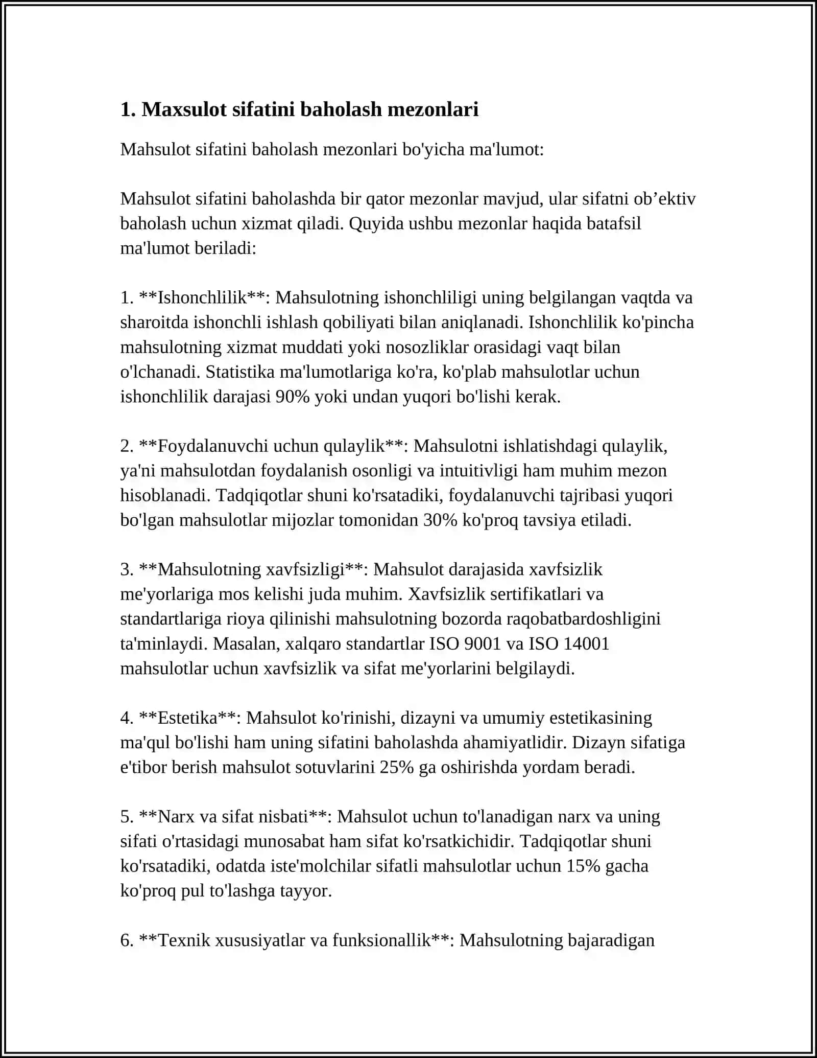 MAXSULOT VA XIZMAT KO'RSATISHNING SIFAT KO'RSATKICHI 3