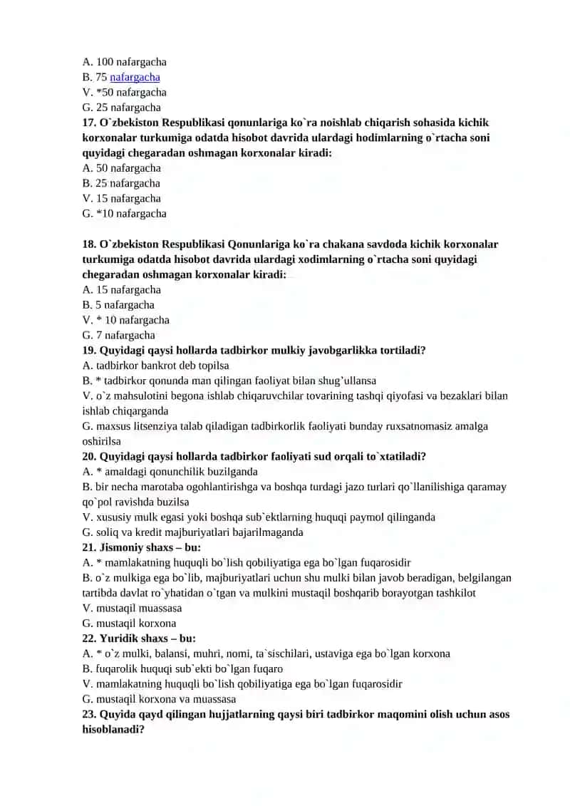 Test savollari biznes va iqtisodiyot 3