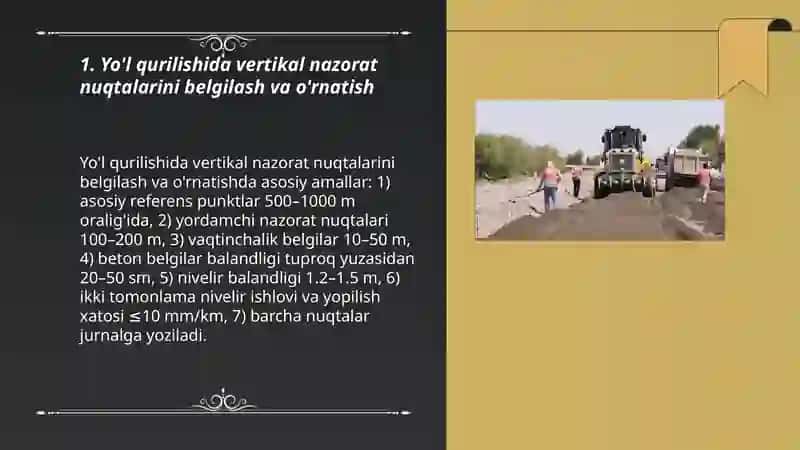 Yo'l qurilishida vertikal nazorat nuqtalarini belgilash va o'rnatish 3
