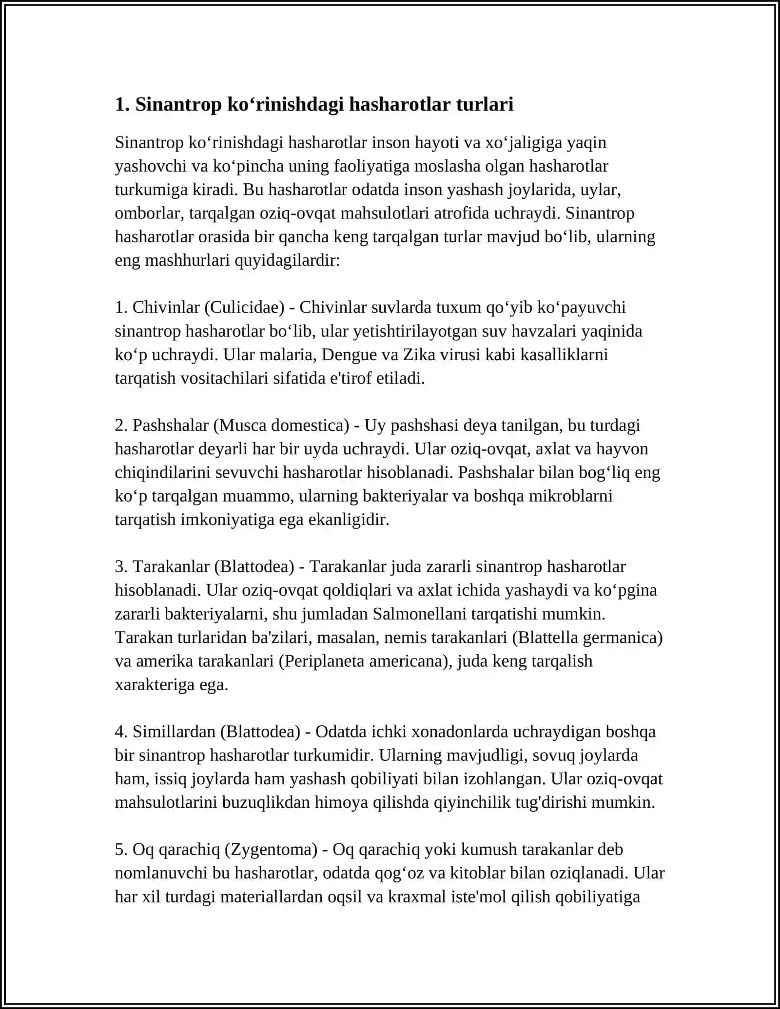 SINANTROP KO‘RINISHDAGI HASHAROTLAR, ULARNING EPIDEMIOLOGIK AHAMIYATI 3