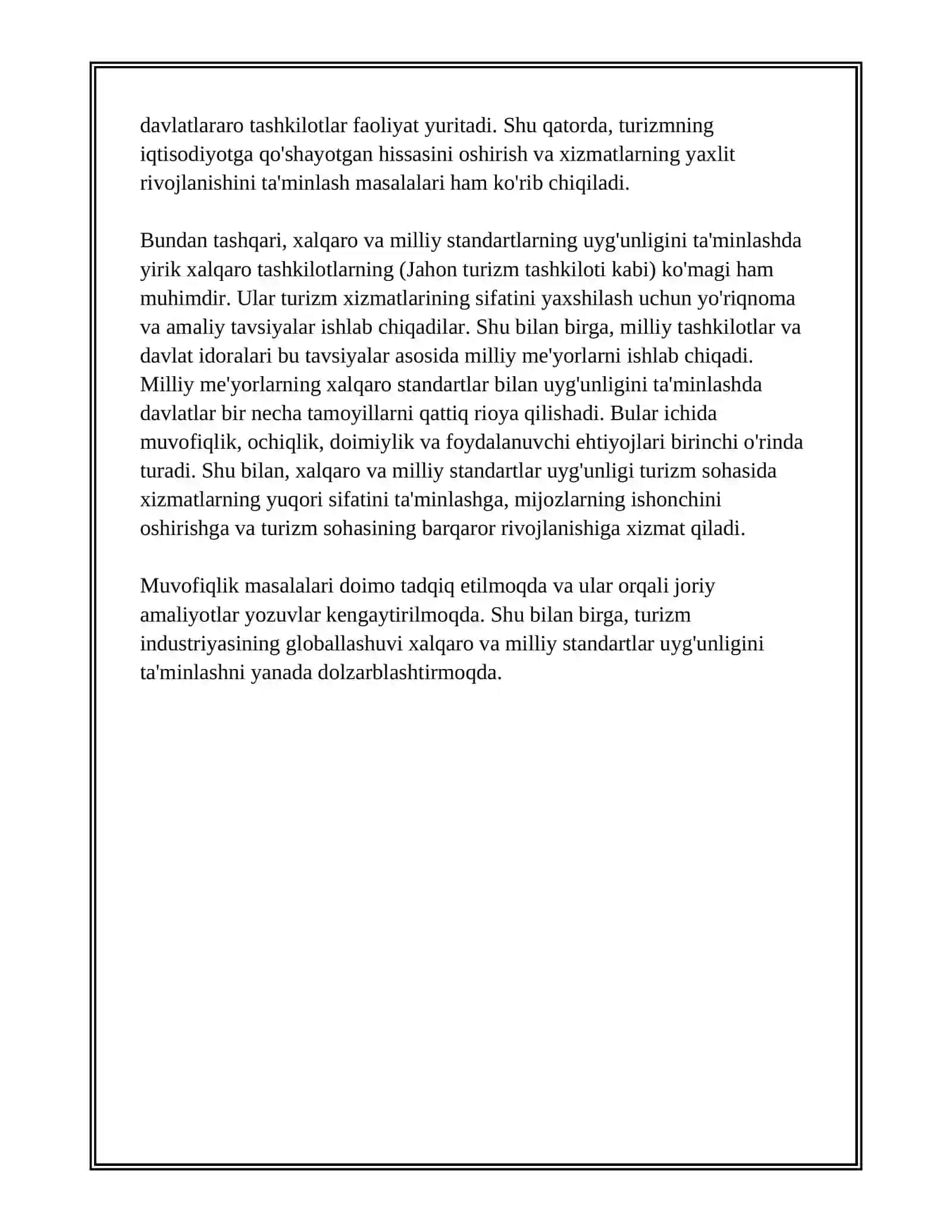 XALQARO VA MILLIY STANDARTLAR UYG'UNLIGI. TURIZM XIZMATLARIDA MUVOFIQLIK MASALALATI 3
