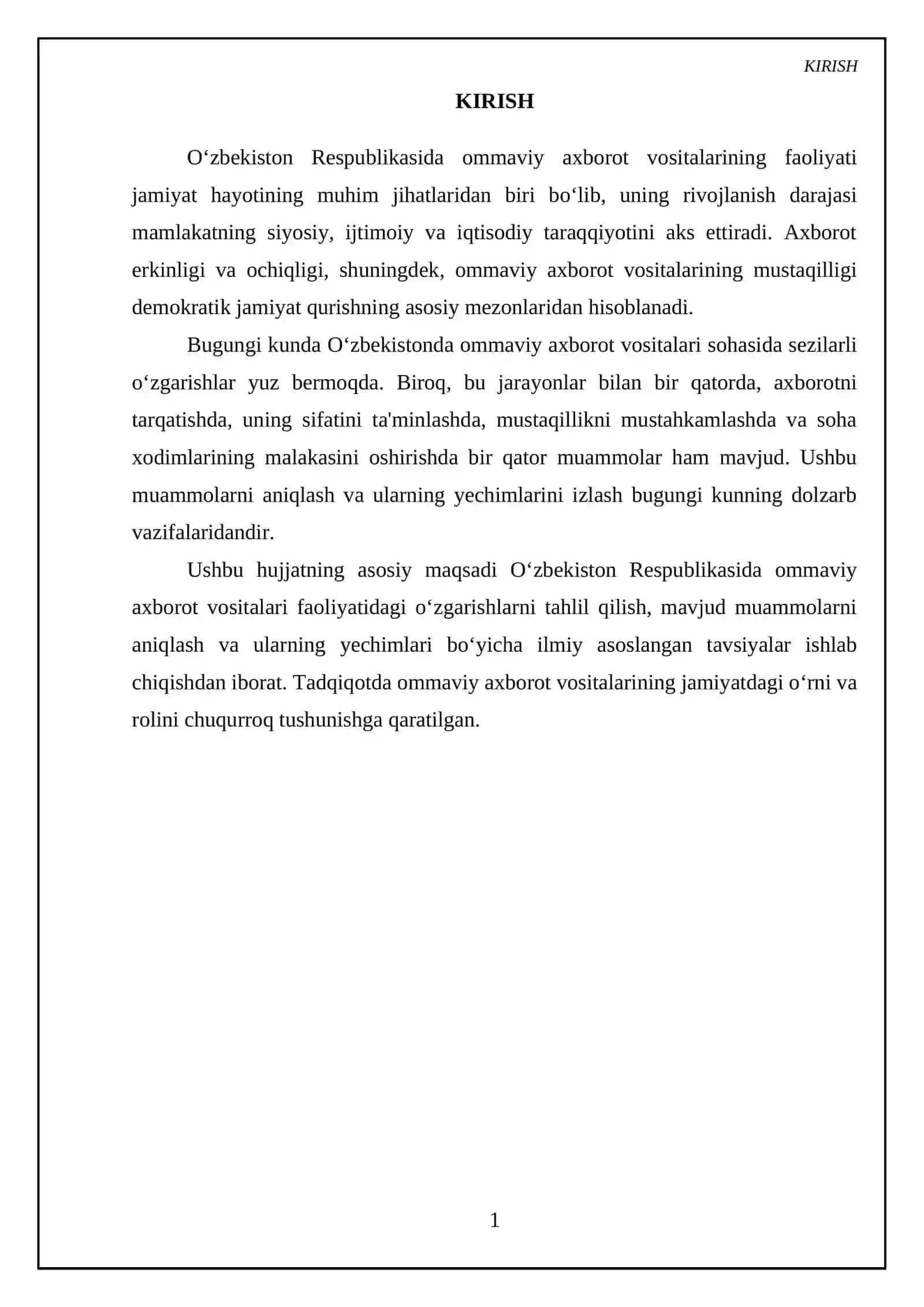 O‘zbekiston Respublikasida ommaviy axborot vositalarining faoliyati (o‘zgarish va muammolar) 3