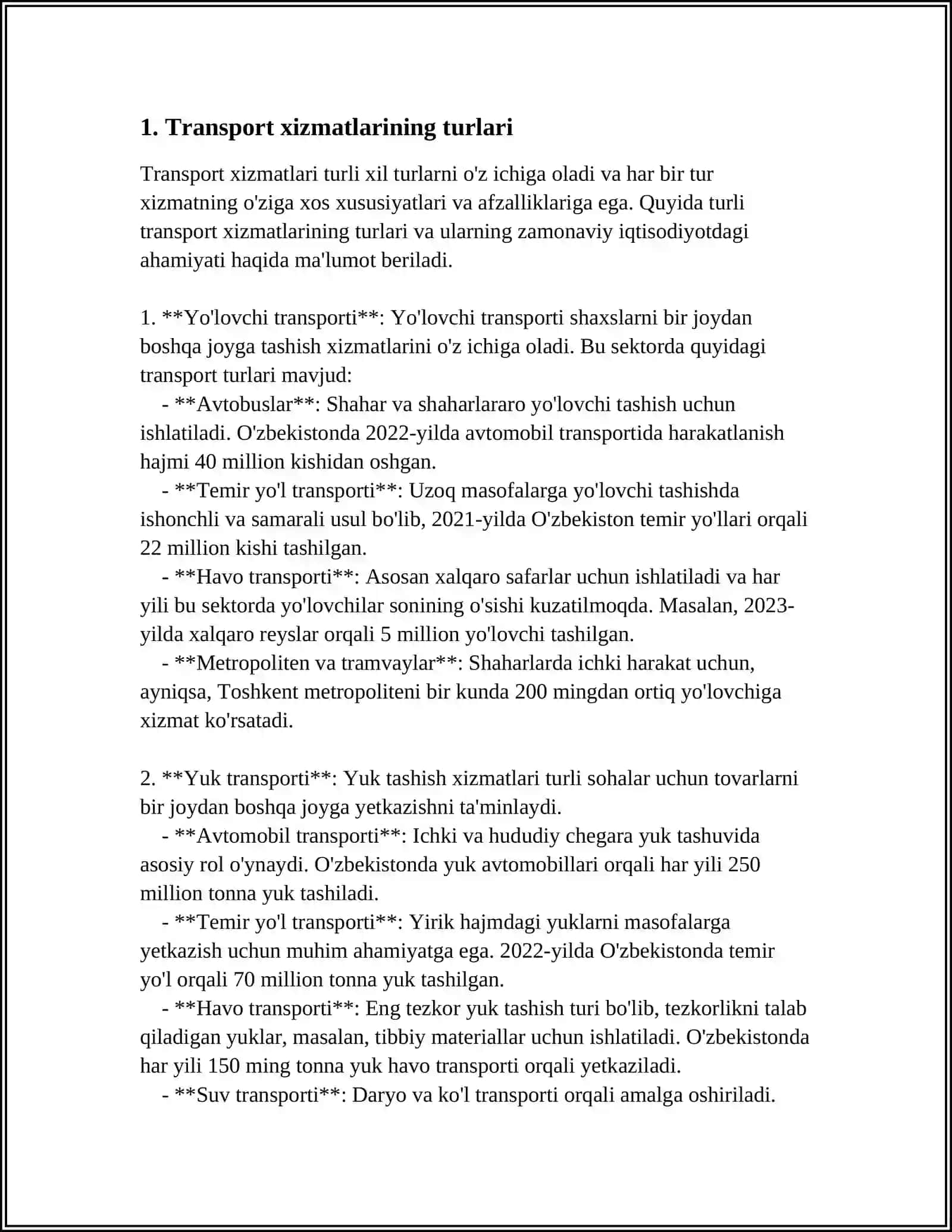 TURIZM SOHASIDA TRANSPORT XIZMATLARINING TASNIFLANISHI 3