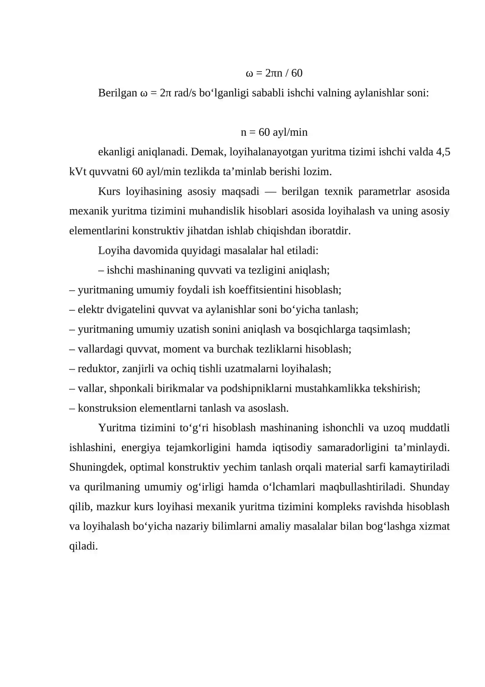 YURITMANING KINEMATIK HISOBI VA DVIGATEL TANLASH 3