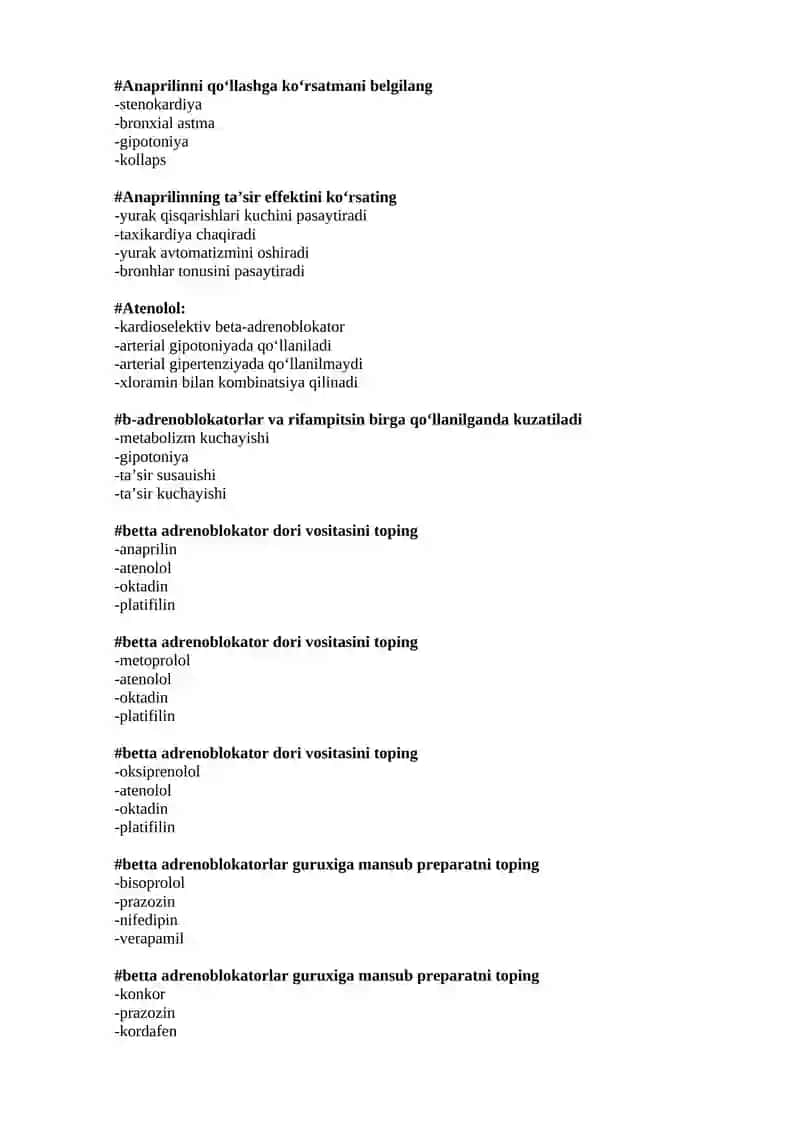 Adrenomimetiklar. Adrenoblokatorlar. test 3