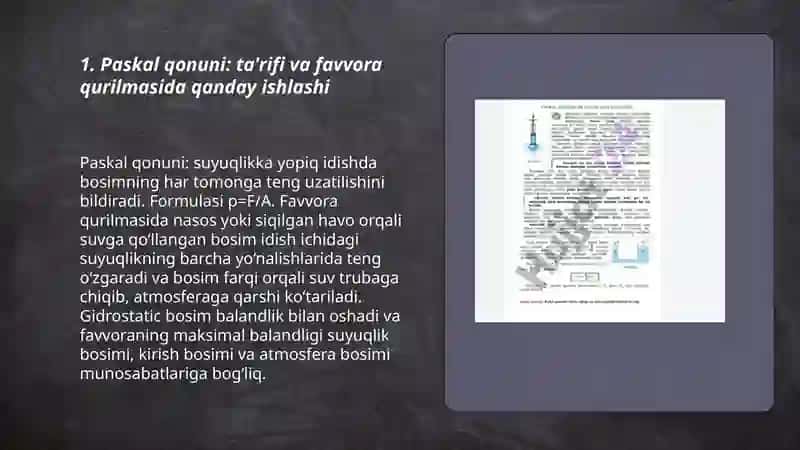 "paskal qonuni ",gidrostatik bosim ", "atmosfera bosimi" 3