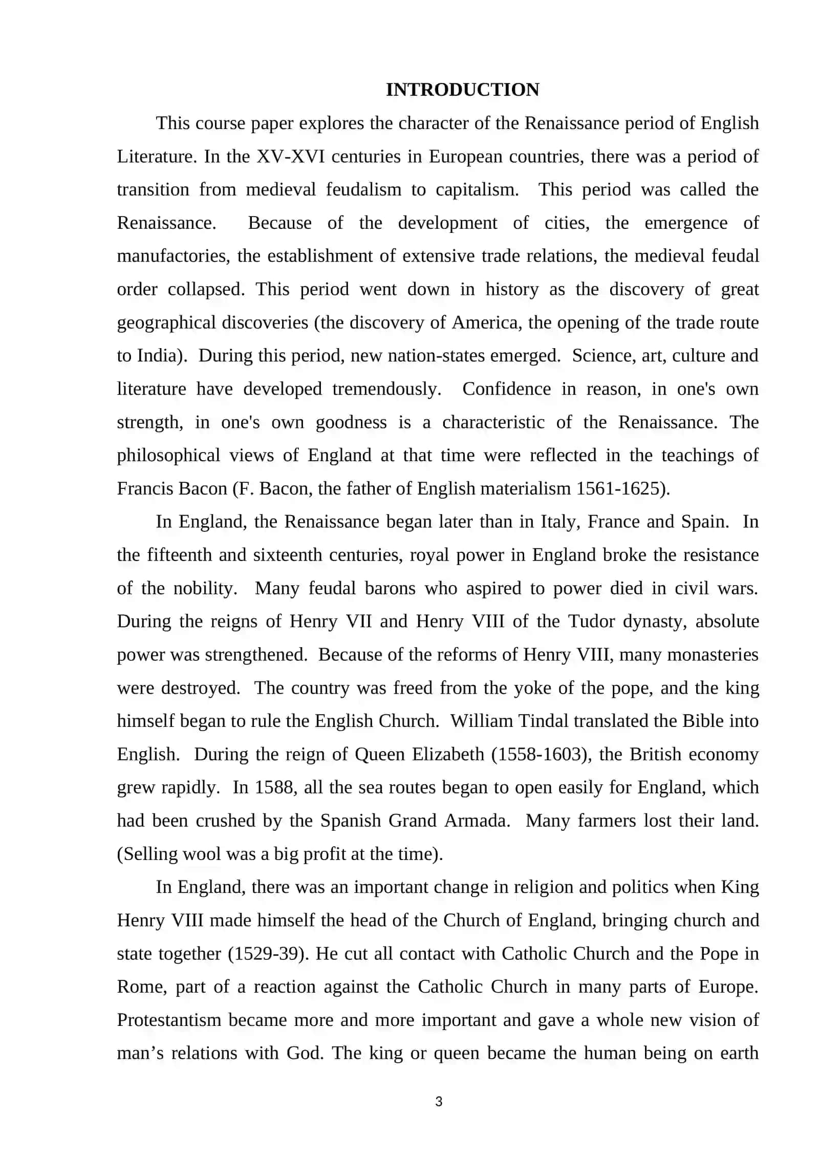 COURSE WORK: RENAISSANCE PERIOD IN ENGLISH LITERATURE 3