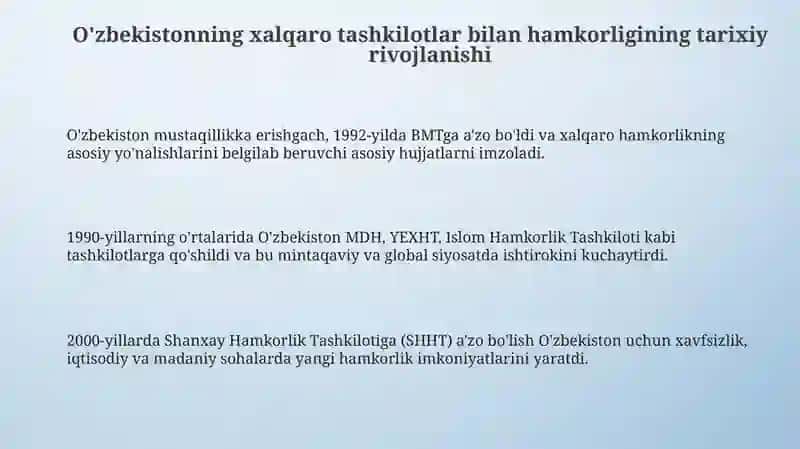 Oʻzbekistonning xalqaro tashkilotlar bilan hamkorlik aloqalari 3